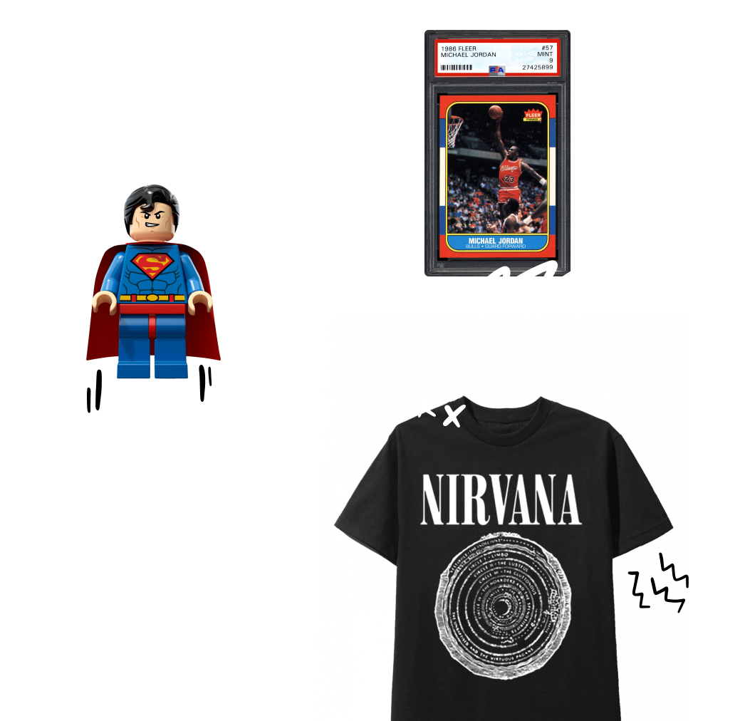 Background image with a Michael Jordan card, a Superman Lego figurine, and a Nirvana band t-shirt