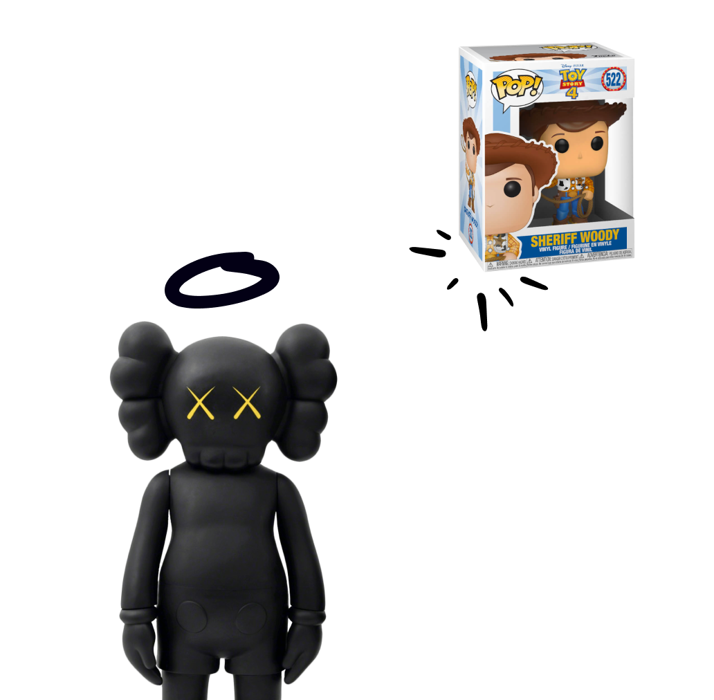 Background image with a Toy Story Funko Pop and a KAWS figurine